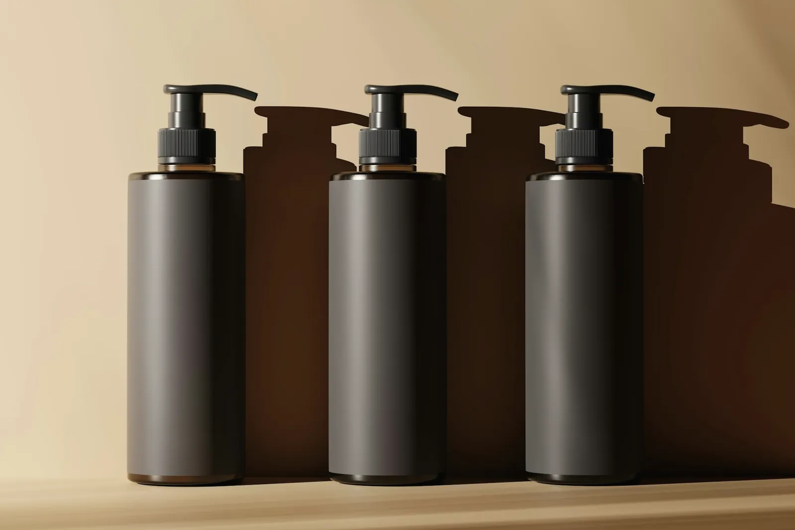 Tres envases iguales con la misma marca: champú, acondicionador y gel de ducha